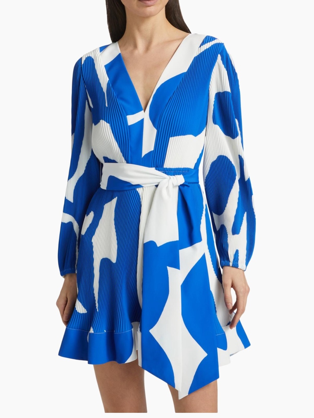 Milly Blue and White Pleated Wrap-Front Long Sleeve Dress - Picture 4 of 6
